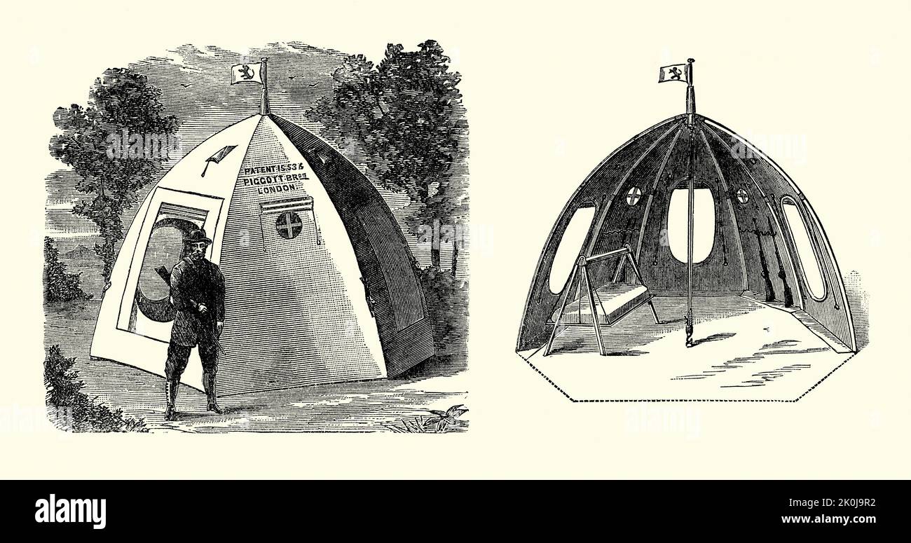 Une ancienne gravure victorienne d'une tente à ruches à huit côtés montrant à la fois une vue extérieure et une vue intérieure. Il est d'un livre de 1890. Le pôle central est doté d'un anneau en bois nervuré de 8 supports incurvés sur lesquels la toile est fixée. La tente dispose de quatre grandes ouvertures pour l'accès et la ventilation. Cette tente à ruches a été faite par les frères Piggott de Londres, Angleterre, Royaume-Uni. Banque D'Images
