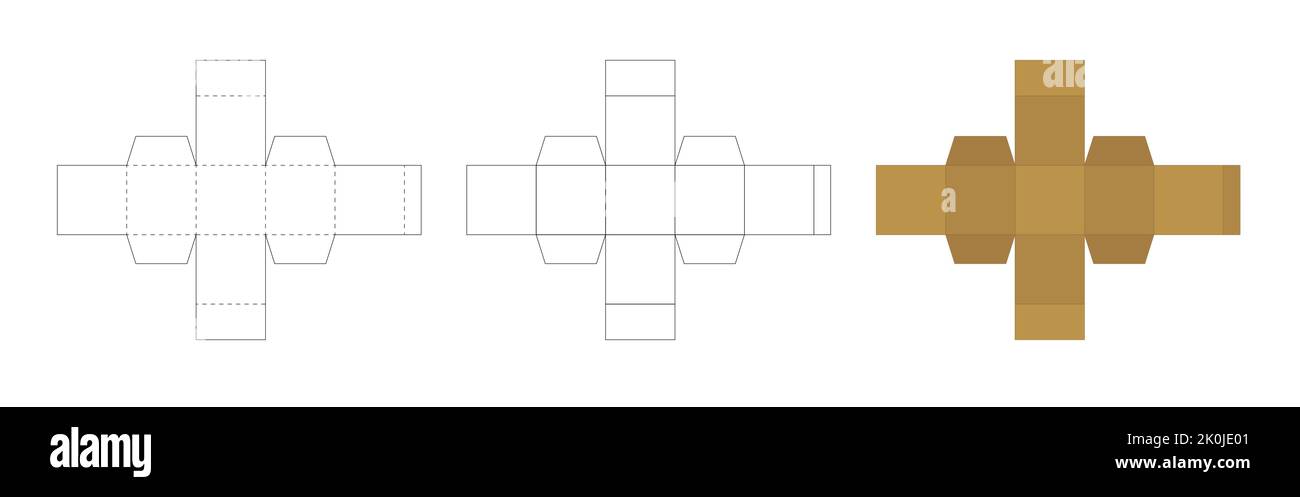 Modèle de boîte en papier carrée cubique, schéma de rognage pour créer un emballage, modèle géométrique ouvert, illustration vectorielle sur fond blanc. Illustration de Vecteur