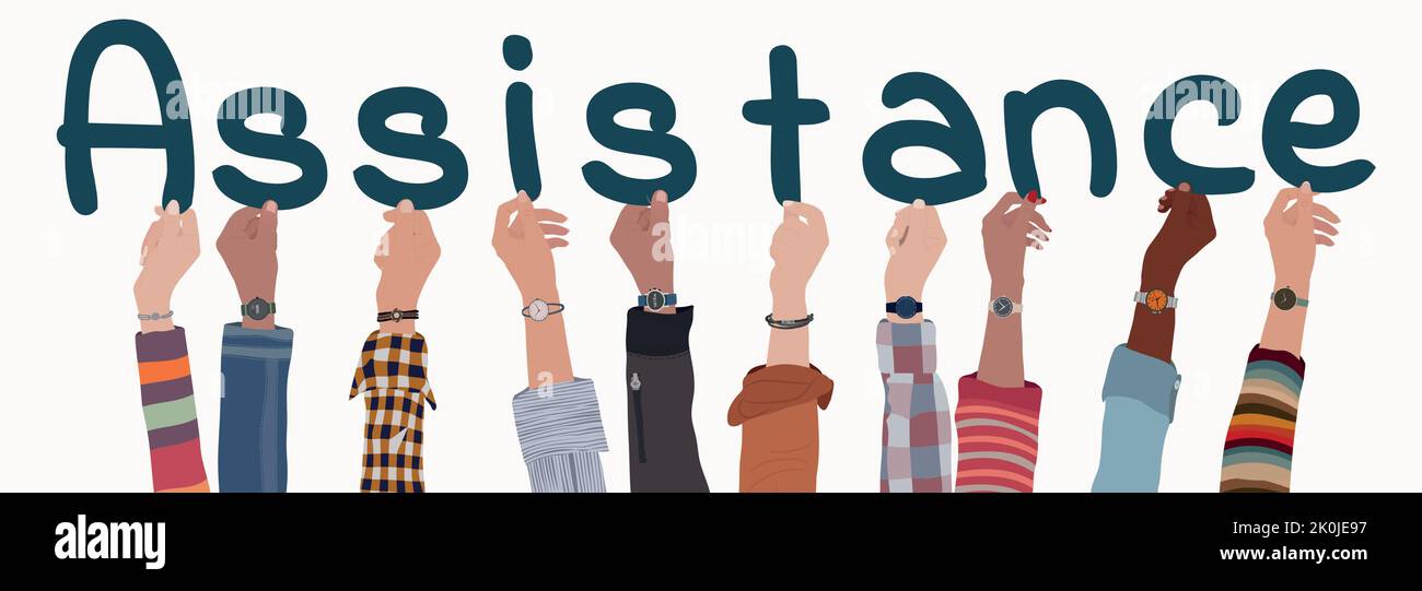 Les mains vers le haut le groupe de personnes de la culture diverse tenant des lettres formant du texte -assistance- Service de conseils d'aide ou concept d'aide.bénévoles qui aident.Charité Illustration de Vecteur
