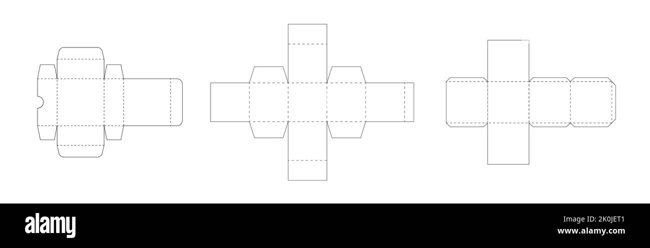 Ensemble de modèles de boîte de conditionnement. Schéma de lignes pointillées de l'emballage du papier, mise en page du modèle géométrique, lignes noires à vecteur fin sur fond blanc. Illustration de Vecteur