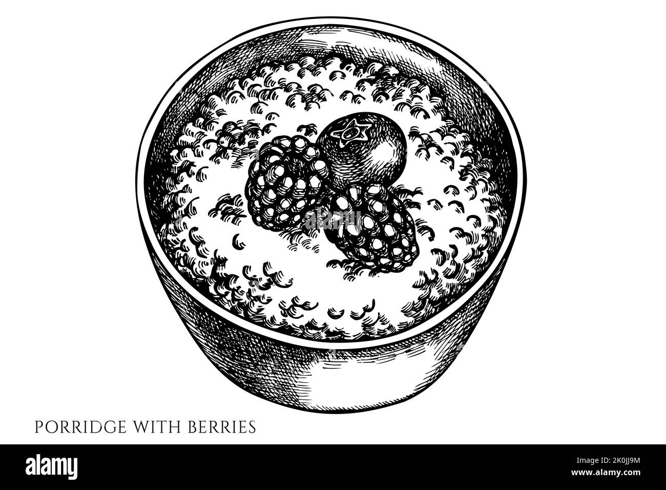 Collection d'illustrations vectorielles vintage pour le petit déjeuner. Porridge noir et blanc avec baies. Illustration de Vecteur