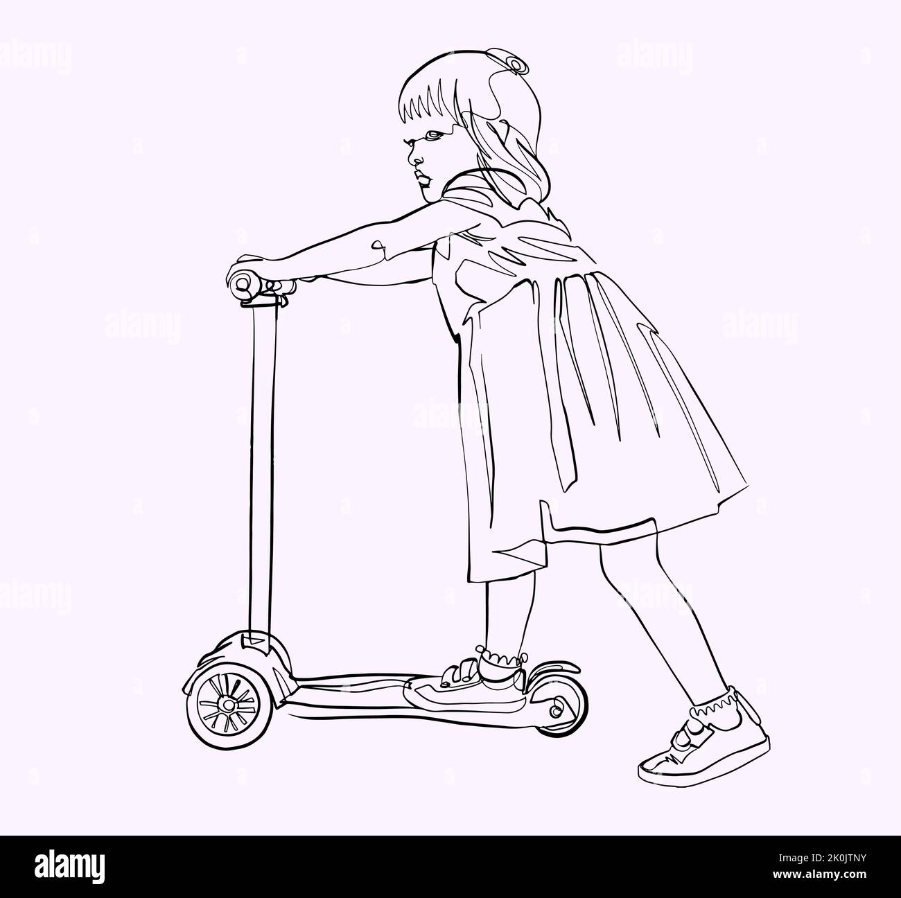 Petite fille sur scooter, ligne continue esquisse minimaliste, esquisse rapide, concept d'enfance heureux Illustration de Vecteur