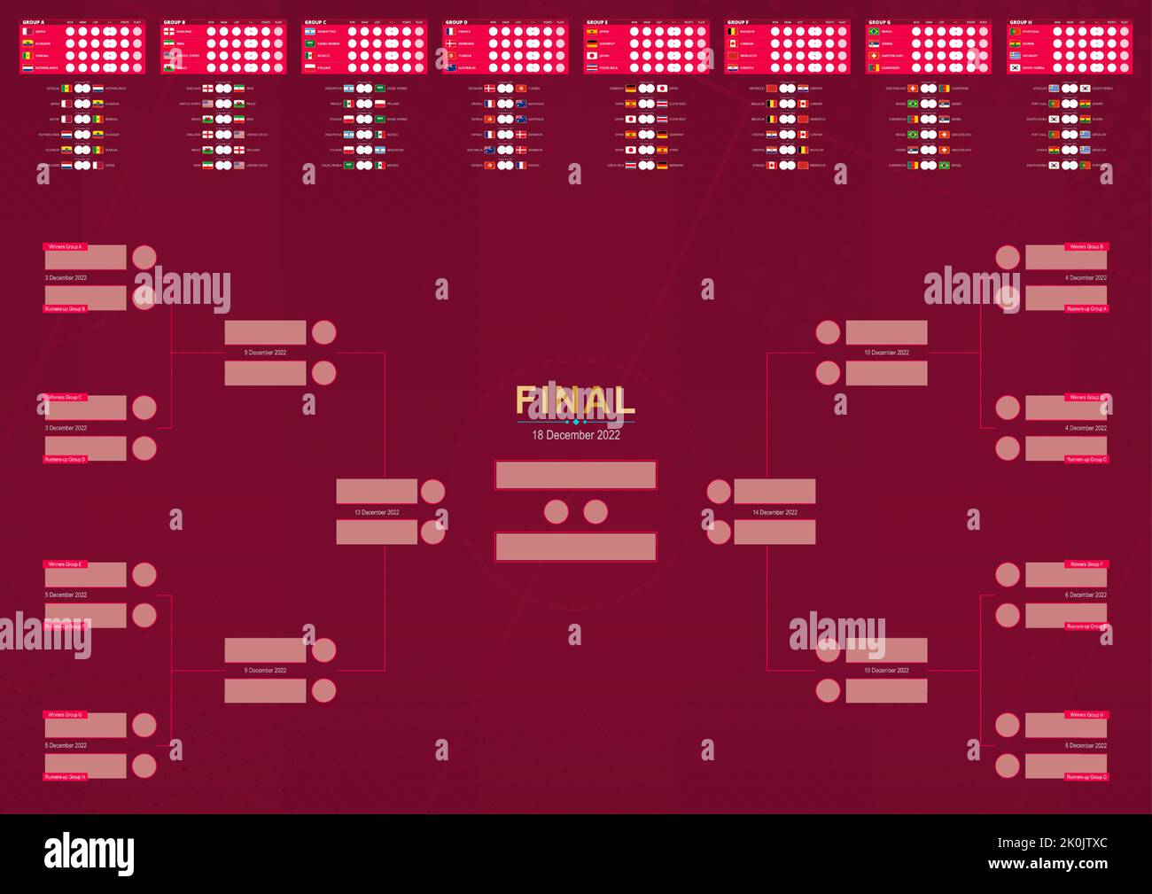 Programme des matchs de football 2022, programme des matchs vectoriels du tournoi mondial, tous les matchs. Modèle vectoriel. Illustration de Vecteur