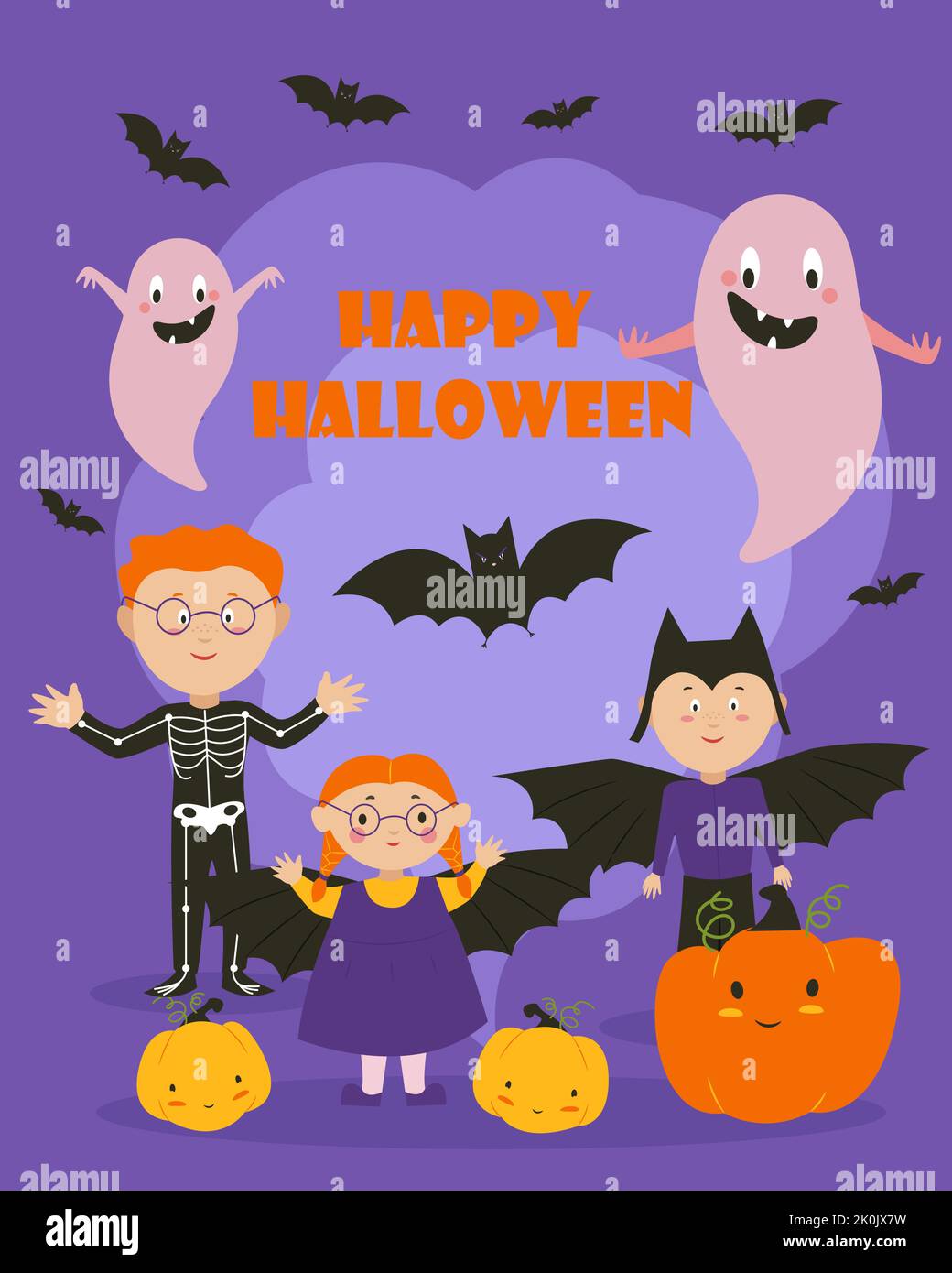 Bannière de carte postale pour Halloween, les enfants en costumes de fantômes et de divers mischous. Illustration vectorielle Illustration de Vecteur