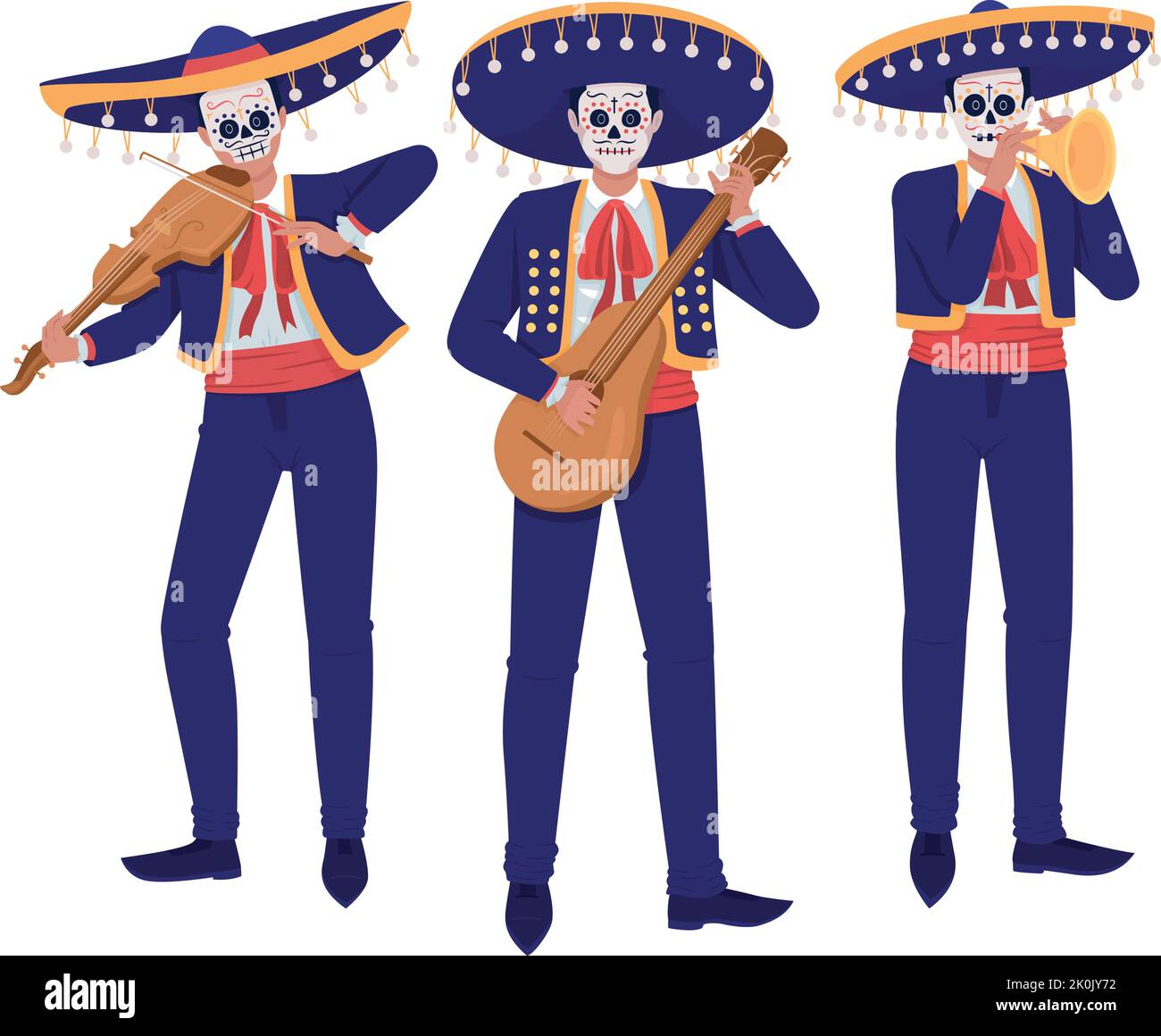 Musiciens en costumes mexicains semi-plat couleur personnages vectoriels Illustration de Vecteur