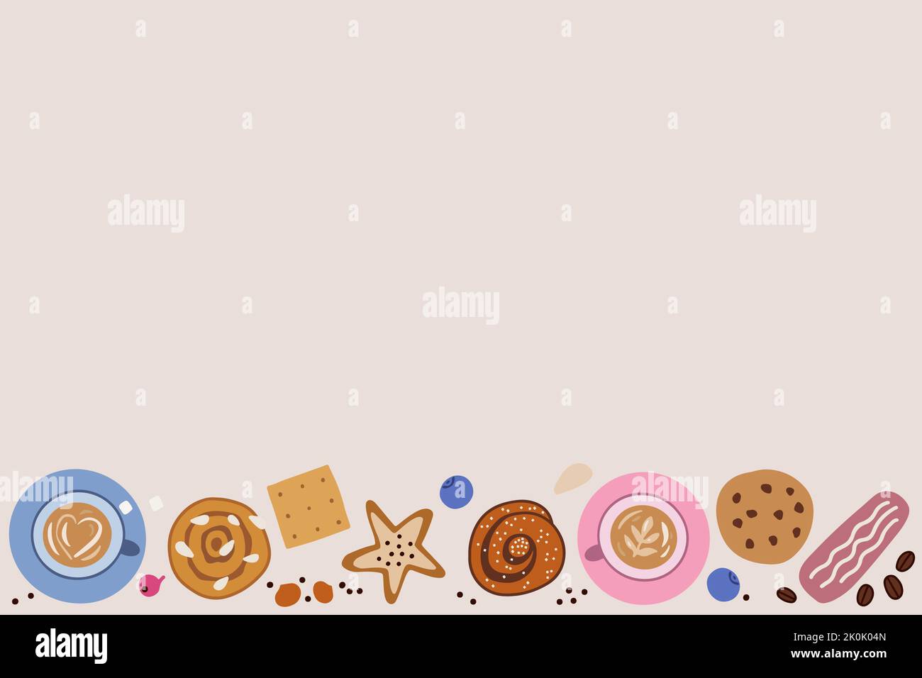 Cadre répété avec tasses de café, petits pains et biscuits. Illustration de Vecteur
