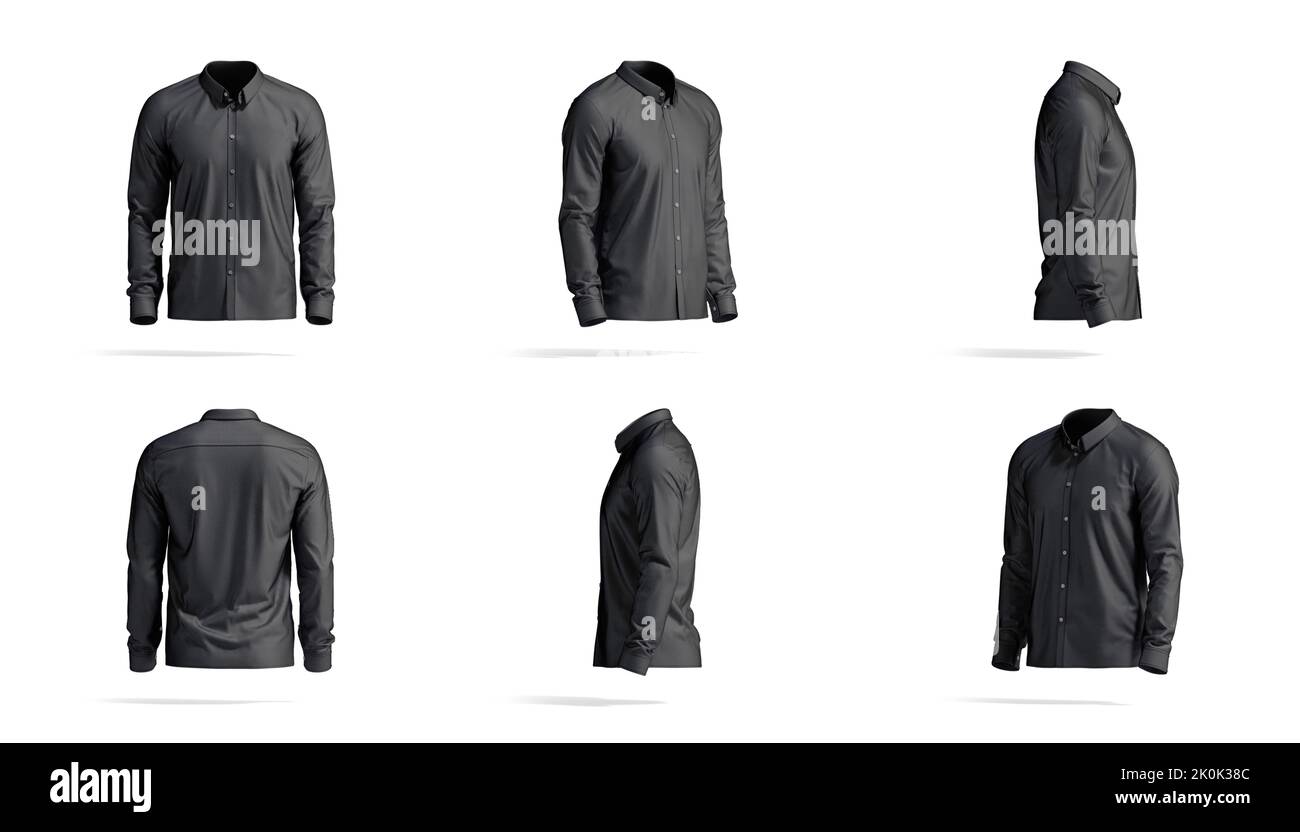 Maquette de chemise noire vierge classique, angles de rotation de tous les côtés Banque D'Images