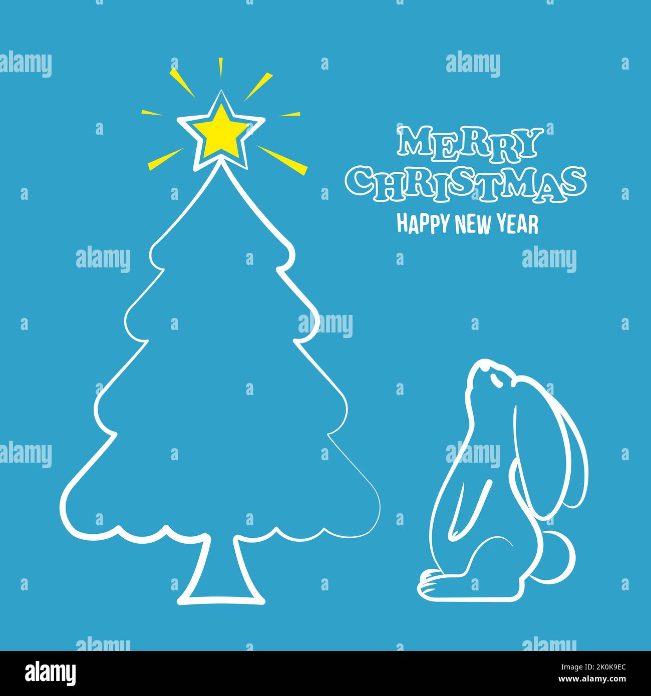 Le lapin regarde l'étoile lumineuse de l'arbre de Noël. Concept pour une carte postale ou une invitation à des vacances dans un style plat Illustration de Vecteur