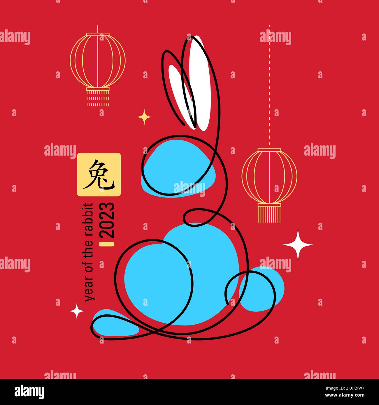Année de la carte du lapin 2023. Symbole du lapin de la nouvelle année en forme de doodle sur fond rouge Illustration de Vecteur