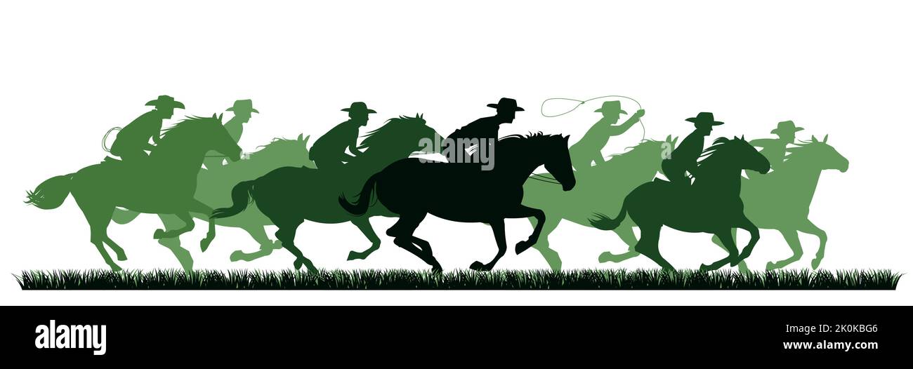 Les cow-boys font des chevaux sur l'herbe. Silhouette de l'image. Cavaliers à cheval. Isolé sur fond blanc. Vecteur. Illustration de Vecteur