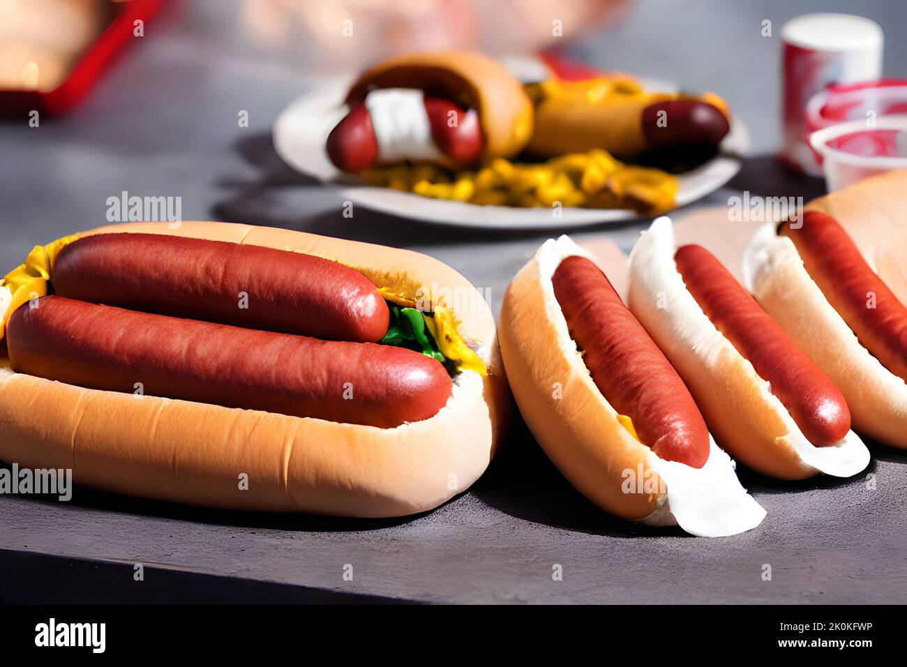 Un gros plan de hot dogs avec ketchup et moutarde Banque D'Images