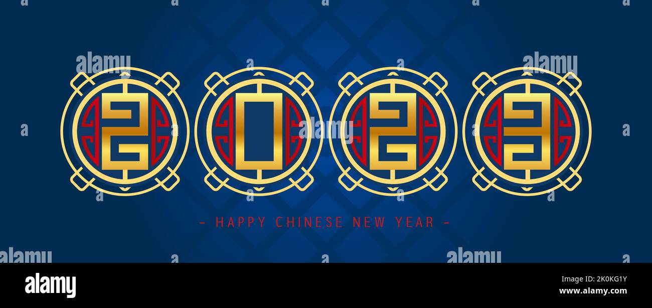 Bannière panoramique 2023 Bonne Année. Numéros d'or et un ornement sur fond bleu. Traduction du chinois - bonne année du chinois Illustration de Vecteur