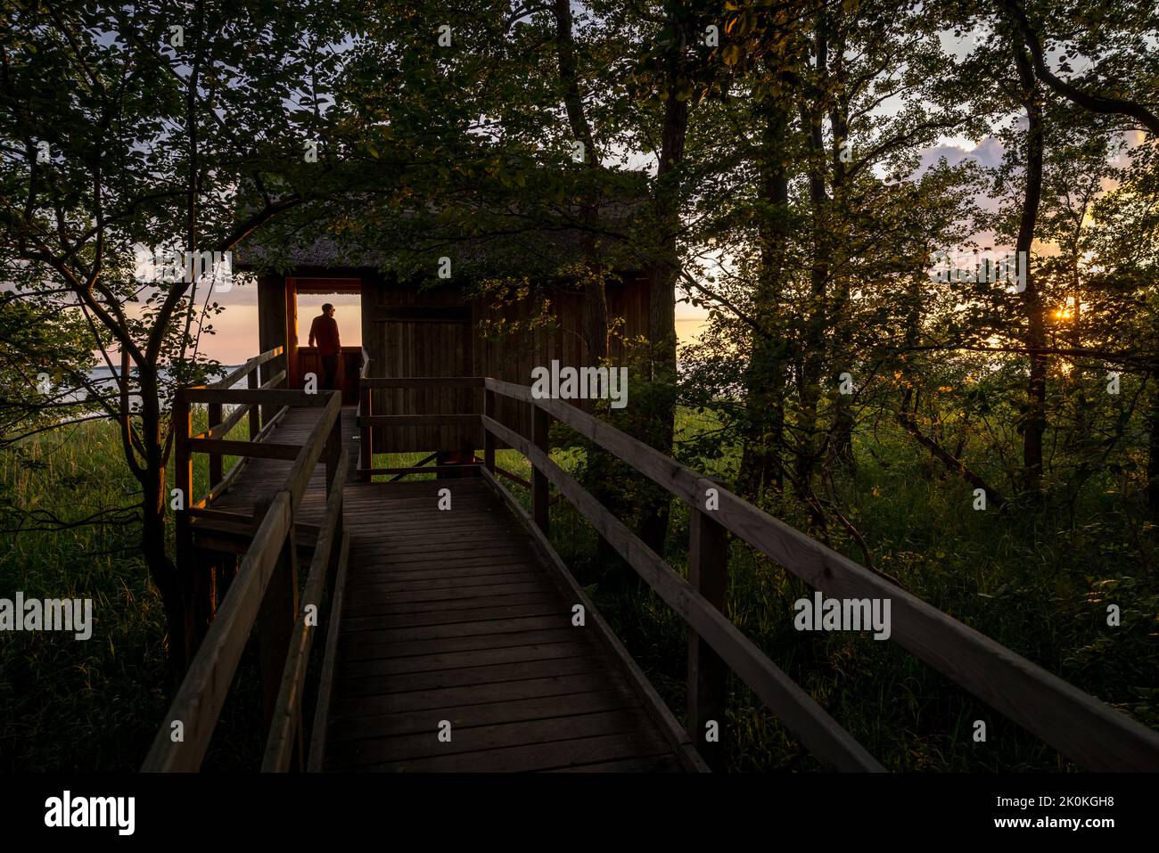 Ambiance nocturne avec coucher de soleil à la cabane d'observation au lac de Müritz près de Boek dans la populaire région de vacances Müritz dans le Mecklembourg Vorpommern en Allemagne de l'est est est situé entre Berlin et la mer Baltique. Banque D'Images