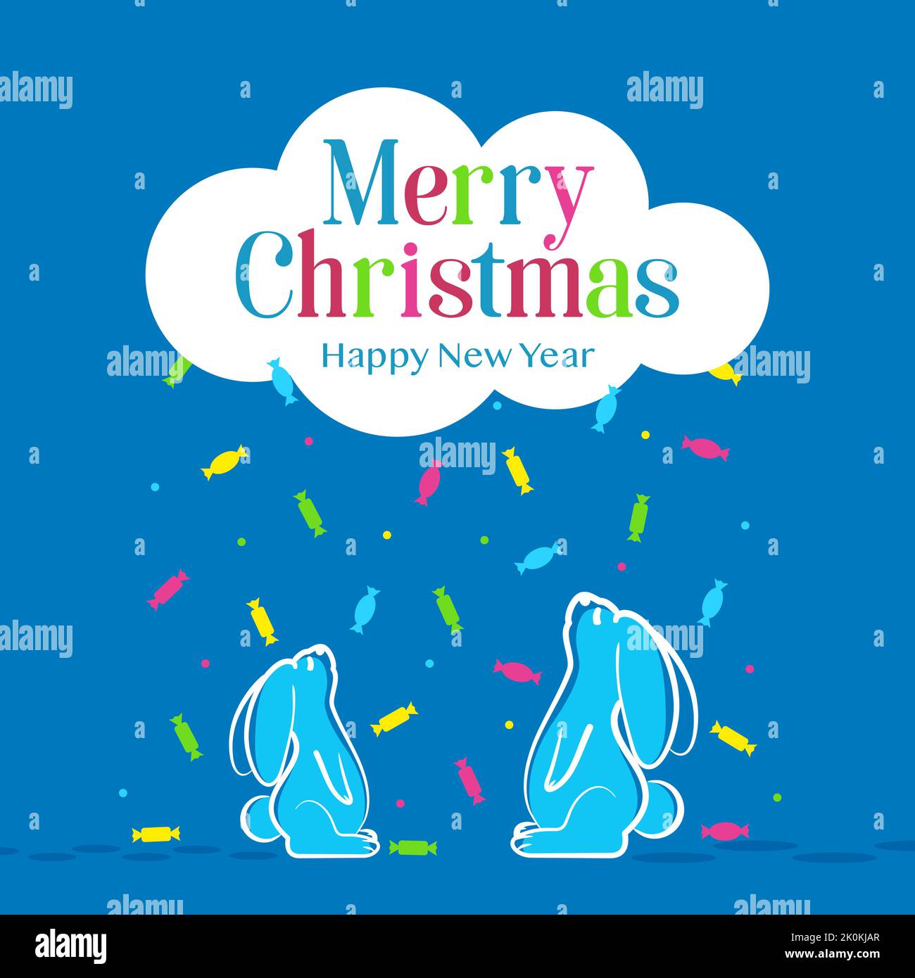 Carte de Noël mignonne avec des lapins et un nuage blanc avec de la pluie ou de la neige provenant de bonbons et de bonbons Illustration de Vecteur