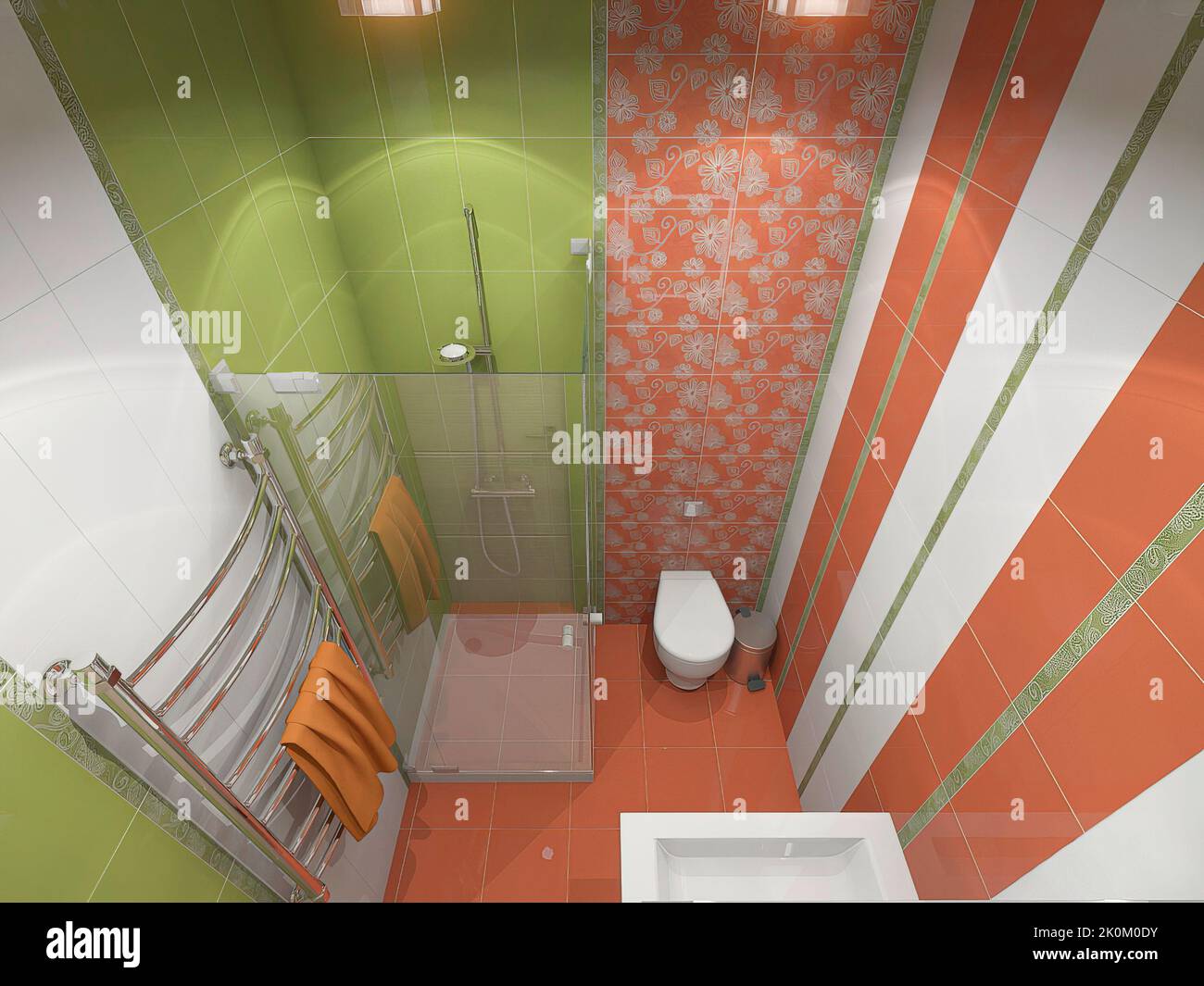 3d rendu d'une salle de bain dans les couleurs vert vif et orange. 3d illustration d'une petite salle de douche. Banque D'Images
