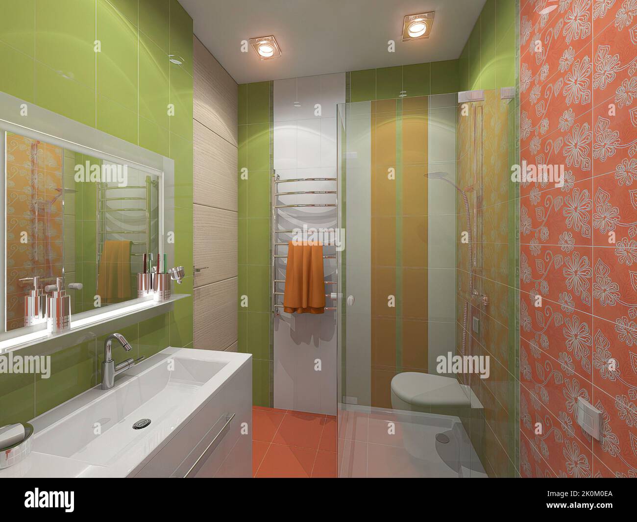 3d rendu d'une salle de bain dans les couleurs vert vif et orange. 3d illustration d'une petite salle de douche. Banque D'Images