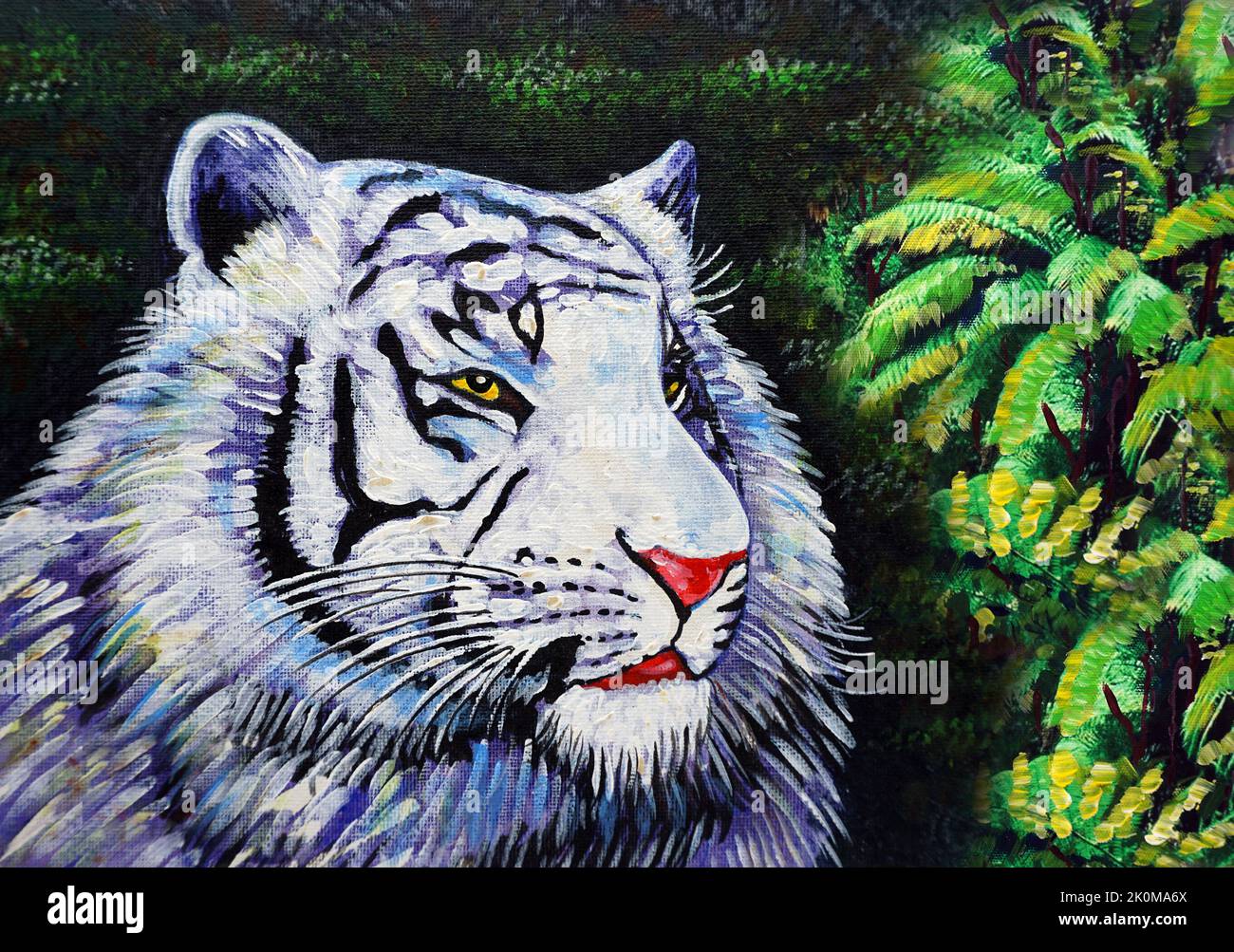 Art peinture huile couleur mignon tigre blanc en forêt Banque D'Images