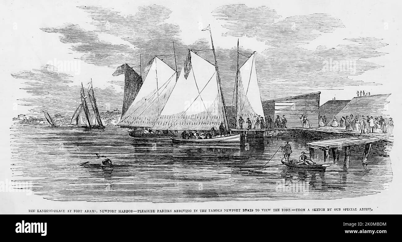 Le lieu d'atterrissage à fort Adams, Newport Harbour, Rhode Island - les parties de plaisir arrivant dans les célèbres bateaux de Newport pour voir le fort. Août 1861. Illustration de la guerre de Sécession américaine du 19th siècle tirée du journal illustré de Frank Leslie Banque D'Images