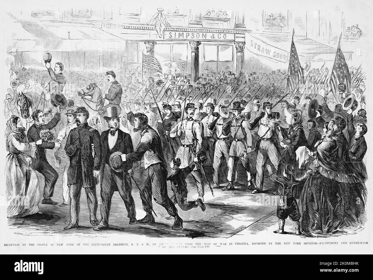 Réception par le peuple de New York du soixante-neuvième Régiment, de la Milice de l'État de New York, à leur retour du siège de la guerre en Virginie, escorté par le New York septième - excitation et enthousiasme de toutes les classes. Août 1861. Illustration de la guerre de Sécession américaine du 19th siècle tirée du journal illustré de Frank Leslie Banque D'Images