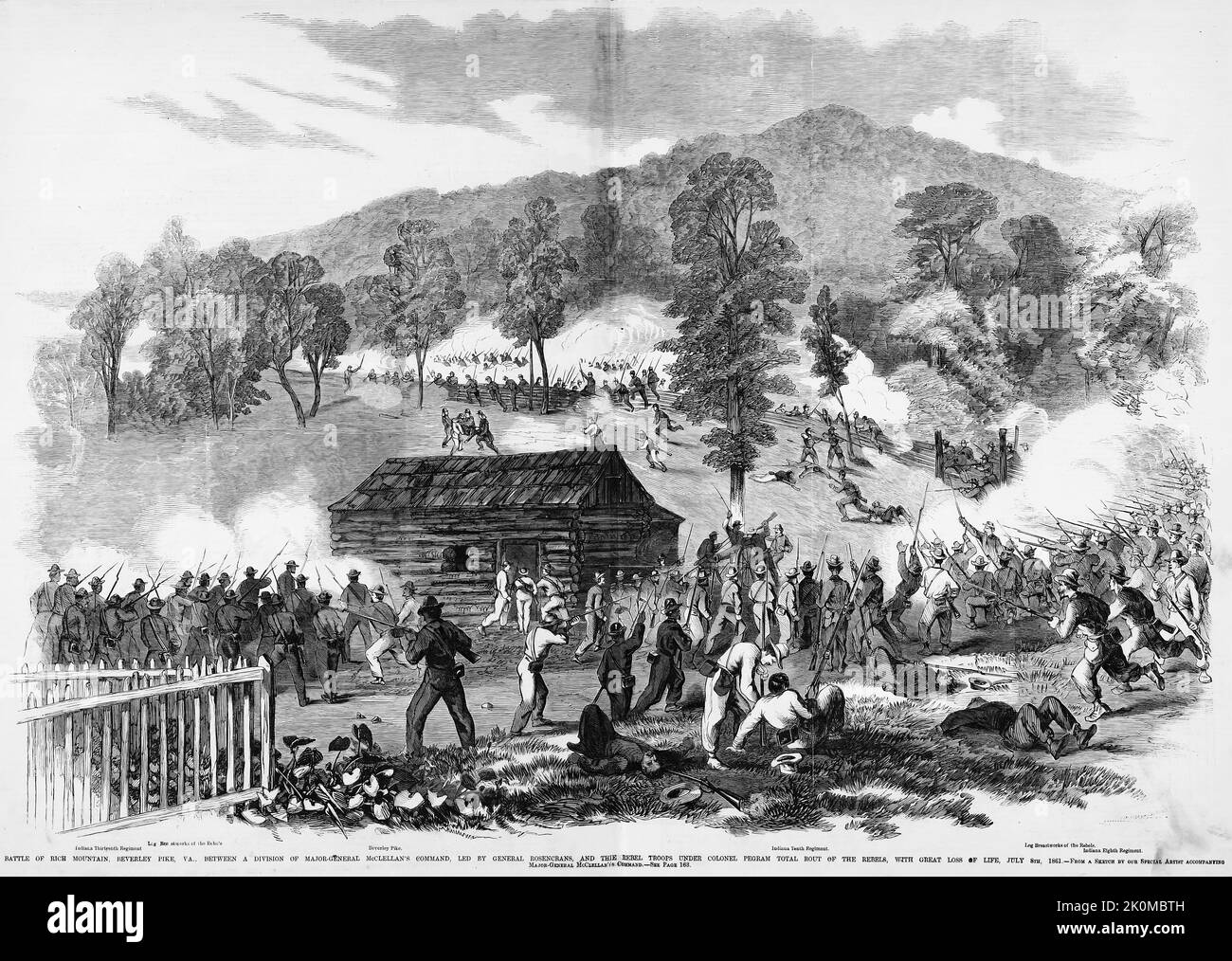 Bataille de Rich Mountain, Beverley Pike, Virginie, entre une division du commandement du général George Brinton McClellan, dirigé par le général William Rosecrans, et les troupes rebelles sous le colonel John Pegram - Total Rout of the Rebel, avec une grande perte de vie, 8 juillet 1861. Illustration de la guerre de Sécession américaine du 19th siècle tirée du journal illustré de Frank Leslie Banque D'Images