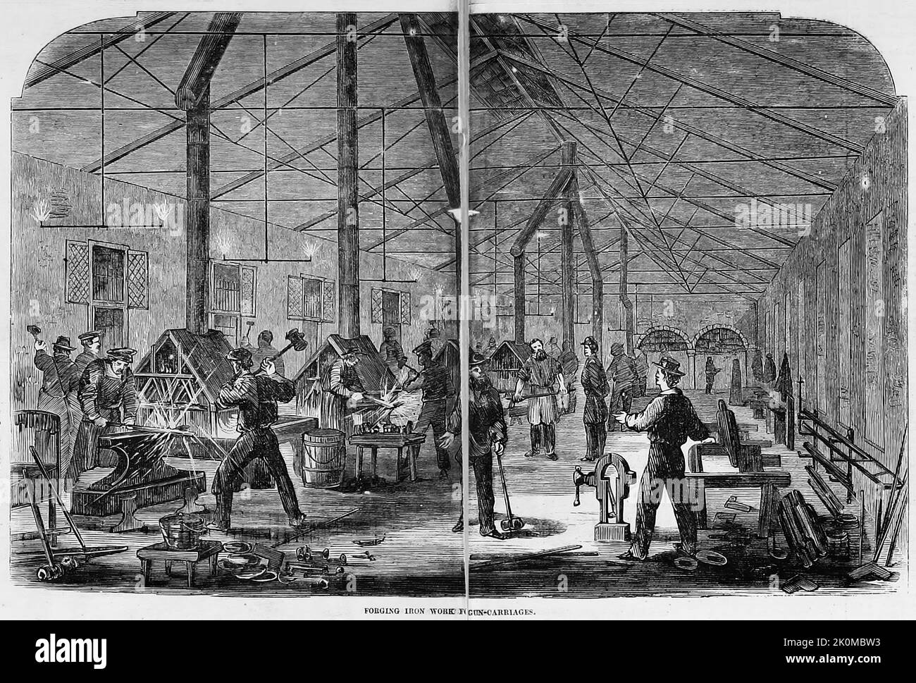 The Watervliet États-Unis Arsenal à Troy, New York - travaux de forgeage de fer pour les chariots à canon. Août 1861. Illustration de la guerre de Sécession américaine du 19th siècle tirée du journal illustré de Frank Leslie Banque D'Images