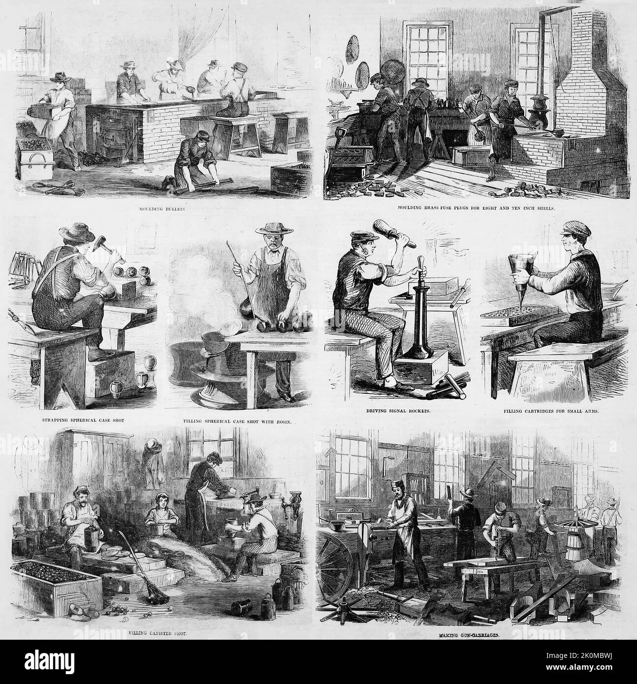 The Watervliet États-Unis Arsenal à Troy, New York - balles de moulage, bouchons de fusible en laiton de moulage, grenaille sphérique de cerclage, remplissage de projectiles sphériques de rosé, fusées de signaux de conduite, cartouches de remplissage pour les petits bras, grenaille de canister de remplissage, fabrication de chariots de canon. Août 1861. Illustration de la guerre de Sécession américaine du 19th siècle tirée du journal illustré de Frank Leslie Banque D'Images