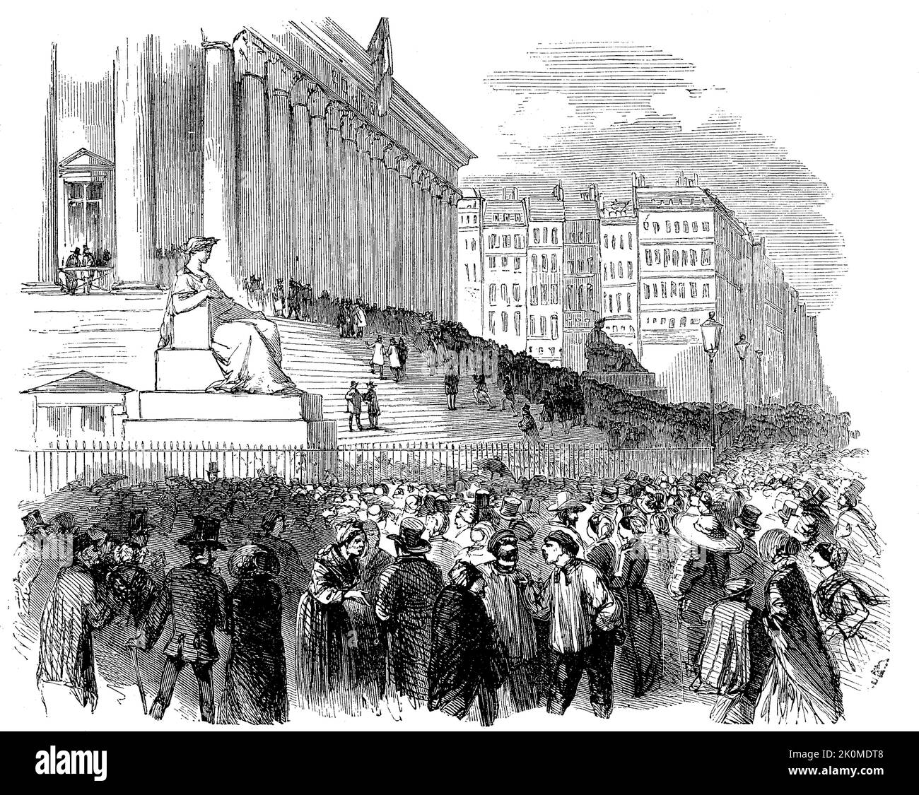 Der Eingang der Börse am Tag des Schlusses der Zeichnung der Anleihe, Kriegsanleihe für den deutsch-französischen Krieg, 1870, Paris, Frankreich / l'entrée à la bourse le jour de la clôture de la souscription de l'obligation, obligation de guerre pour la guerre franco-allemande, 1870, Paris, France, Historisch, Digital restaurierte Reproduktion einer Originalvorlage aus dem 19. Jahrhundert, genaues Originaldatum nicht bekannt / historique, numérique reproduction améliorée d'un original du 19th siècle Banque D'Images