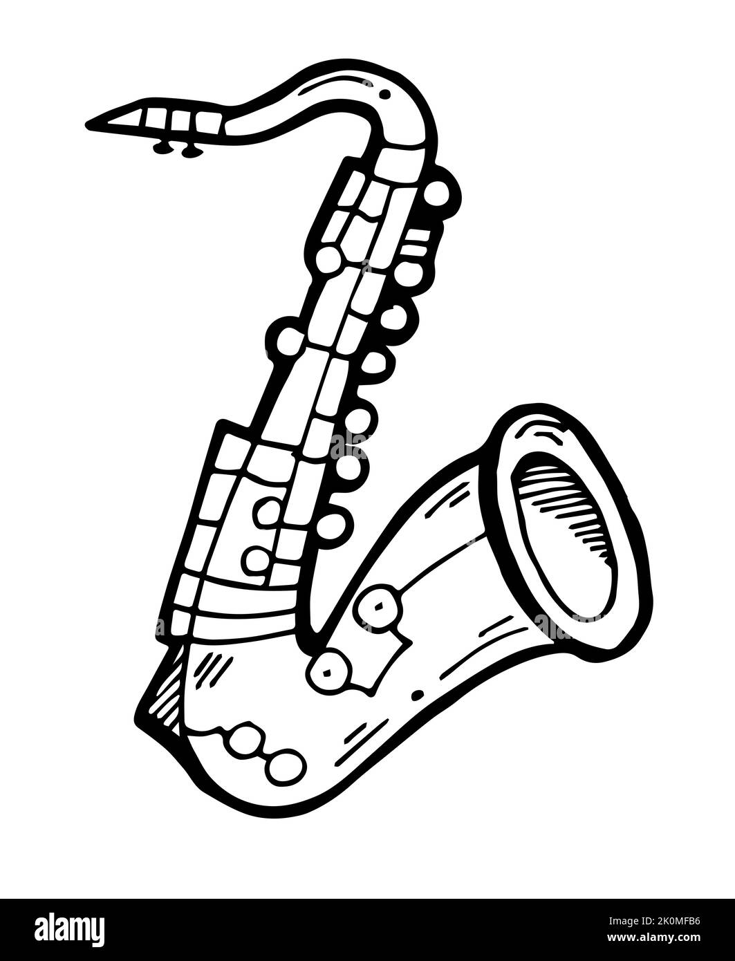 Instrument de vent musical saxophone. Instrument de musique pour jouer de la musique live. Esquisse dessinée à la main. Dessin avec de l'encre. Isolé sur blanc Illustration de Vecteur