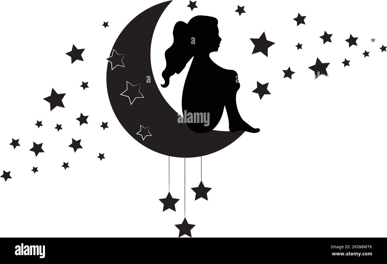 Fille sur une lune avec des étoiles isolées sur fond blanc, vecteur. Silhouette de fille assise sur une lune. Décalcomanies murales minimalistes, design artistique, œuvres d'art. Noir Illustration de Vecteur