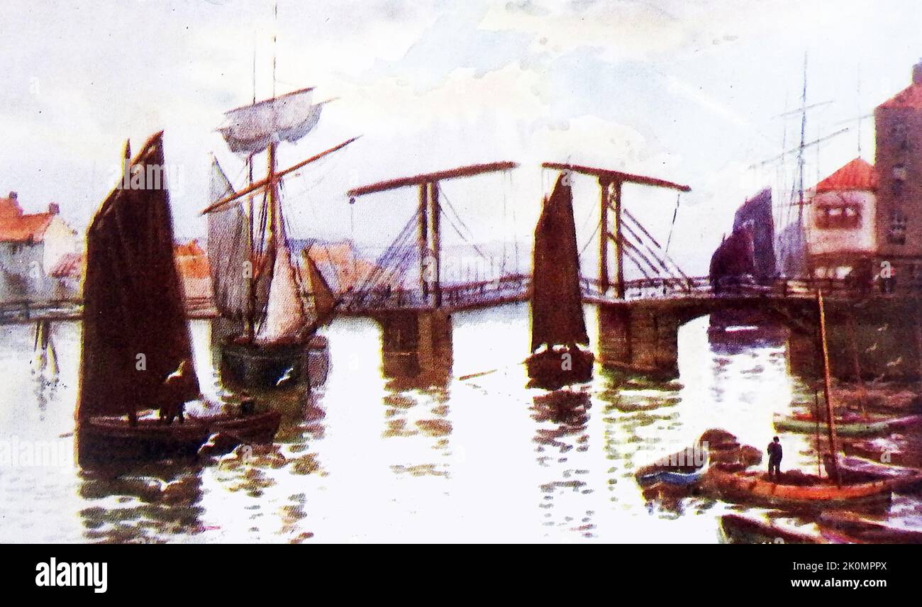 Un vieux tableau de Whitby, dans le North Yorkshire, qui montre l'ancien pont en bois actionné à la main que les hommes pouvaient lever et abaisser pour permettre aux navires de sortir en mer ou dans le port. Il a été précédé d'un petit pont de pierre qui a traversé le port alors plus étroit, menant à l'abbaye. Il avait une chapelle de pont associée (côté ouest). Une partie de l'ancien pont à cheval a été découverte vers les années 1980 quand les travaux ont été entrepris (sous la route au fond de la Banque Golden Lion . Il était rempli en arrière-fond). Banque D'Images