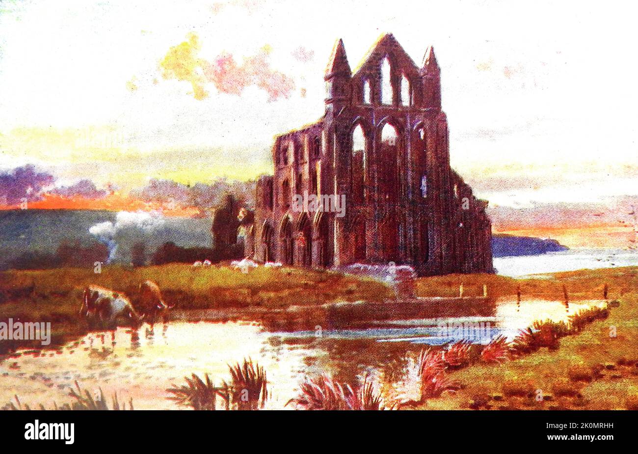 LE VIEUX WHITBY (Yorkshire du Nord) et son histoire --- un vieux imprimé coloré des ruines de l'abbaye de Whitby avec des vaches buvant de l'étang de poissons de l'abbaye. L'abbaye fut dissoute lors de la dissolution des monastères par le roi Henri 8th. Banque D'Images