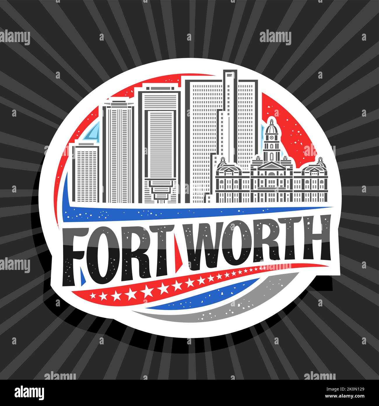 Logo Vector pour fort Worth, étiquette décorative blanche avec illustration du paysage urbain de la ville du texas sur fond de ciel de jour, aimant de réfrigérateur de conception artistique W Illustration de Vecteur