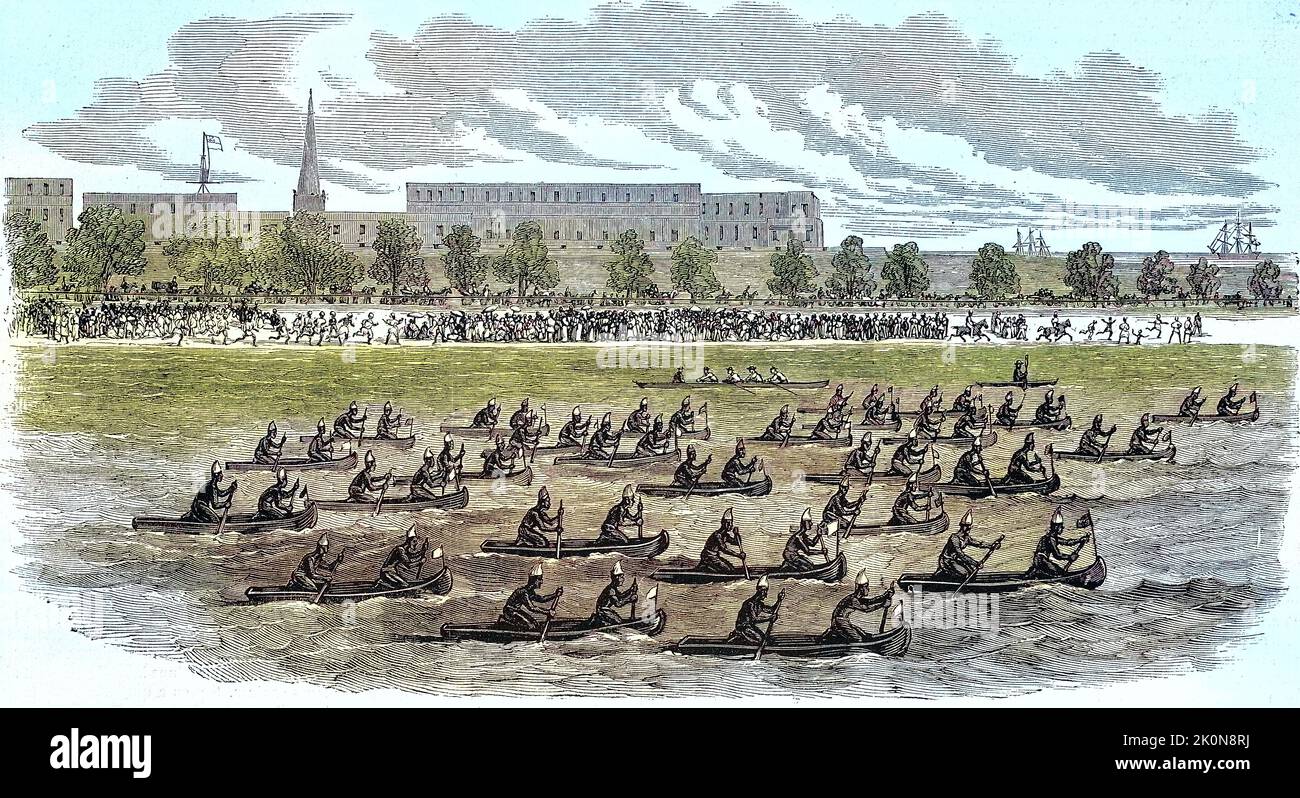 Große Regatta von Madras, Kanus, 1869, Indie / Grande Regatta de Madras, canoës, 1869, Inde, Historisch, Digital restaurierte Reproduktion einer Originalvorlage aus dem 19. Jahrhundert, genaues Originaldatum nicht bekannt / historique, numérique reproduction améliorée d'un original du 19th siècle Banque D'Images