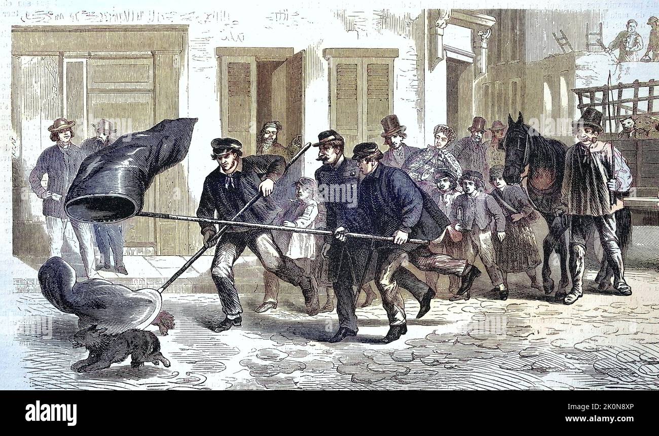 Hundefänger in den Straßen von Brüssel, 1869, Belgien / Dog Catcher dans les rues de Bruxelles, 1869, Belgique, Historisch, digital restaurierte Reproduktion einer Originalvorlage aus dem 19. Jahrhundert, genaues Originaldatum nicht bekannt / historique, numérique reproduction améliorée d'un original du 19th siècle Banque D'Images