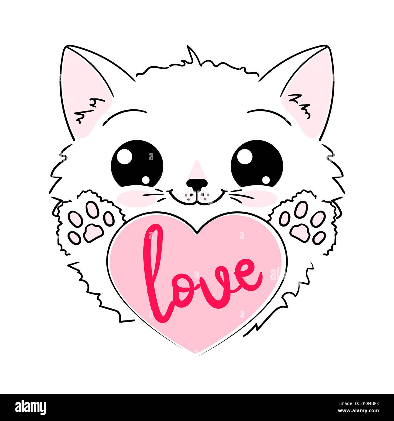 Joli chaton blanc avec un coeur. L'amour lettrage. Carte de Saint-Valentin style kawaii. Pour la conception d'imprimés, d'affiches, d'autocollants, de cartes, etc. Illustration de Vecteur