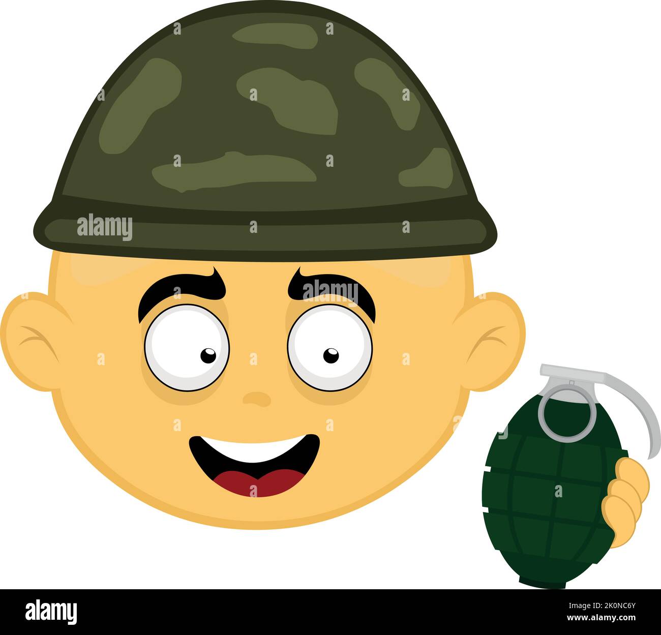 Illustration vectorielle d'un soldat de dessin animé jaune emoji, avec un casque de guerre camouflé et une grenade dans sa main Illustration de Vecteur