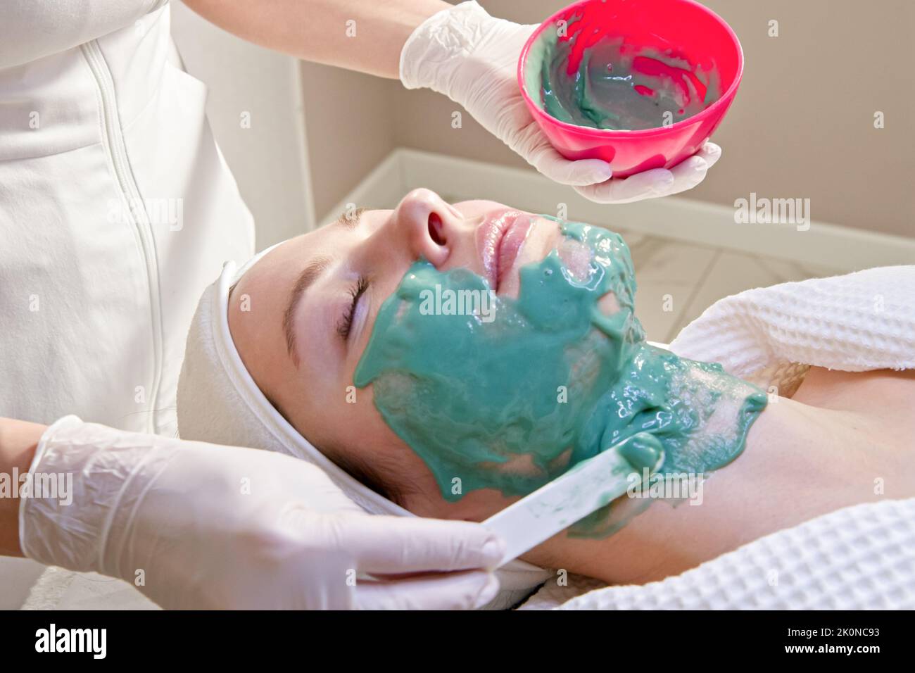 Le cosmétologue applique un masque nourrissant à une jeune femme dans un salon de spa. Banque D'Images