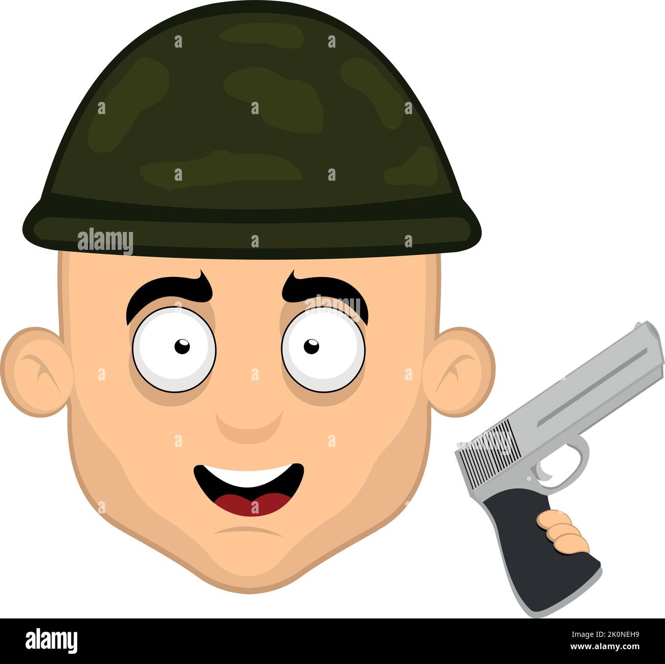 Illustration vectorielle du visage d'un soldat de guerre de dessin animé avec un casque de camouflage et une arme à feu dans sa main Illustration de Vecteur