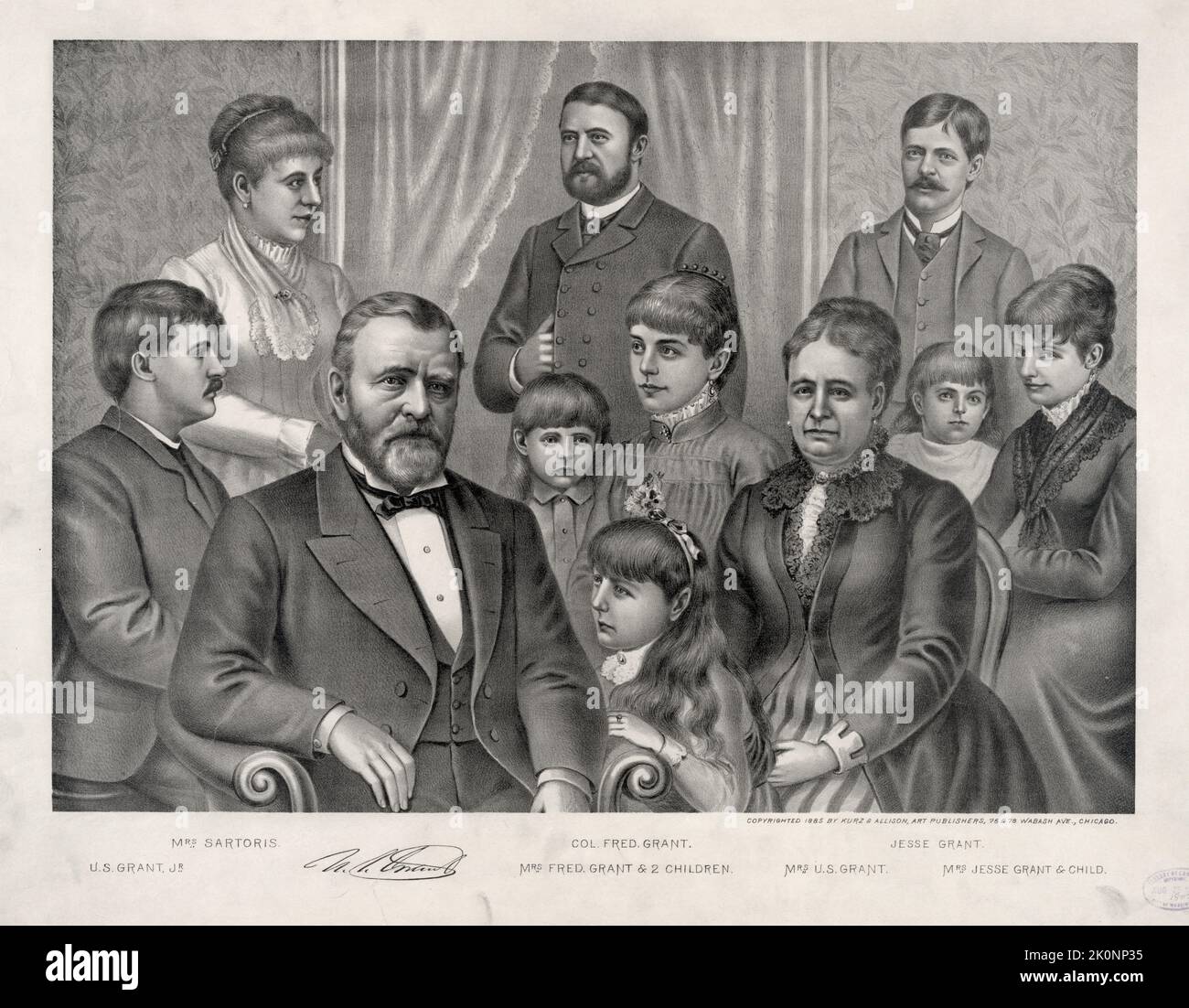 Un dessin du président Ulysses Grant et de sa famille. À l'image se trouvent ses fils, le général Frederick Grant, Ulysses Junior et Jesse, sa fille Nellie et sa femme, la première dame Julia Dent Grant Banque D'Images