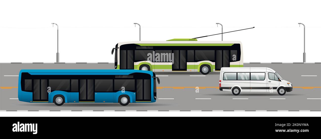 Circulation routière sur l'autoroute. Transport urbain public pour le transport de personnes. Trolleybus, bus électrique, minibus. Illustration de Vecteur