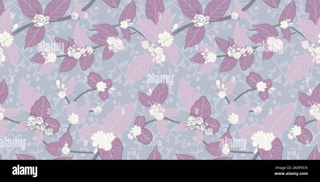 Vecteur violet feuilles blanc jasmines vignes sur fond violet texture création sans couture motif. Illustration de Vecteur