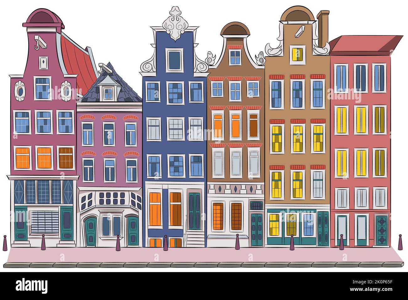 Façades de vieilles maisons traditionnelles colorées sur le front de mer. Amsterdam. Pays-Bas. Illustration vectorielle. Illustration de Vecteur