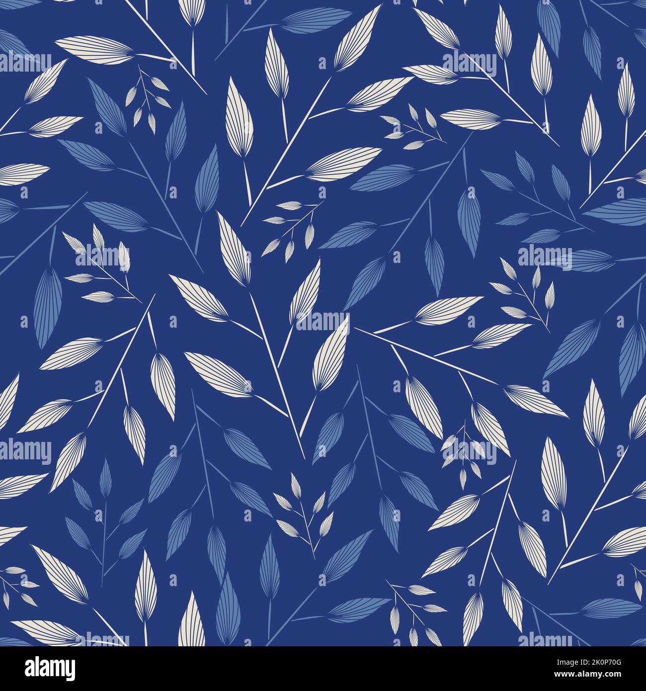 Vecteur artistique ornement feuilles branches branches sur fond bleu élégant rétro sans couture motif Illustration de Vecteur