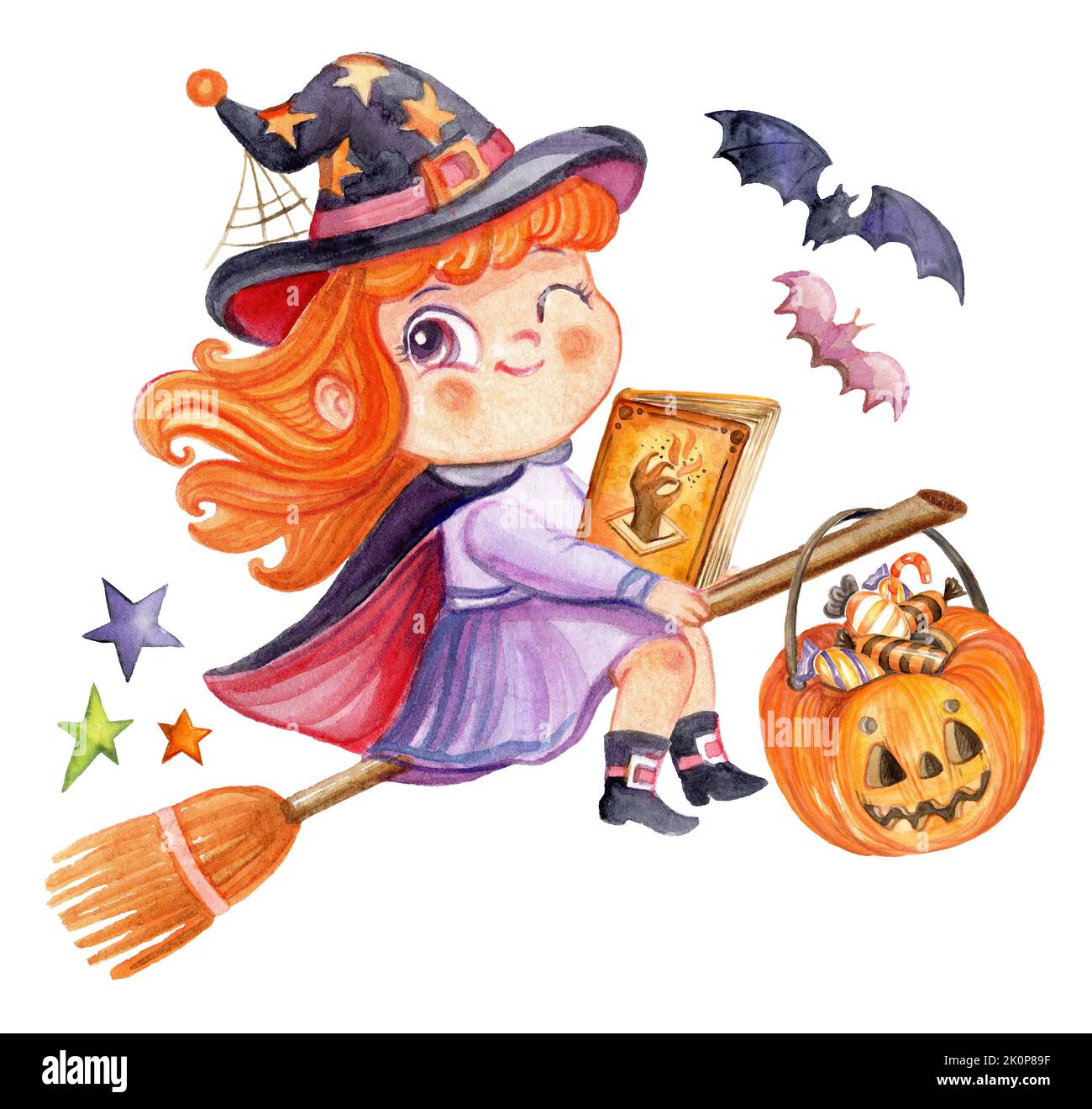Aquarelle illustration de la jolie sorcière de dessin animé d'halloween avec un livre volant sur un bâton de poulet à griller. Illustration isolée Halloween. Pour la fête d'halloween, affichez Banque D'Images