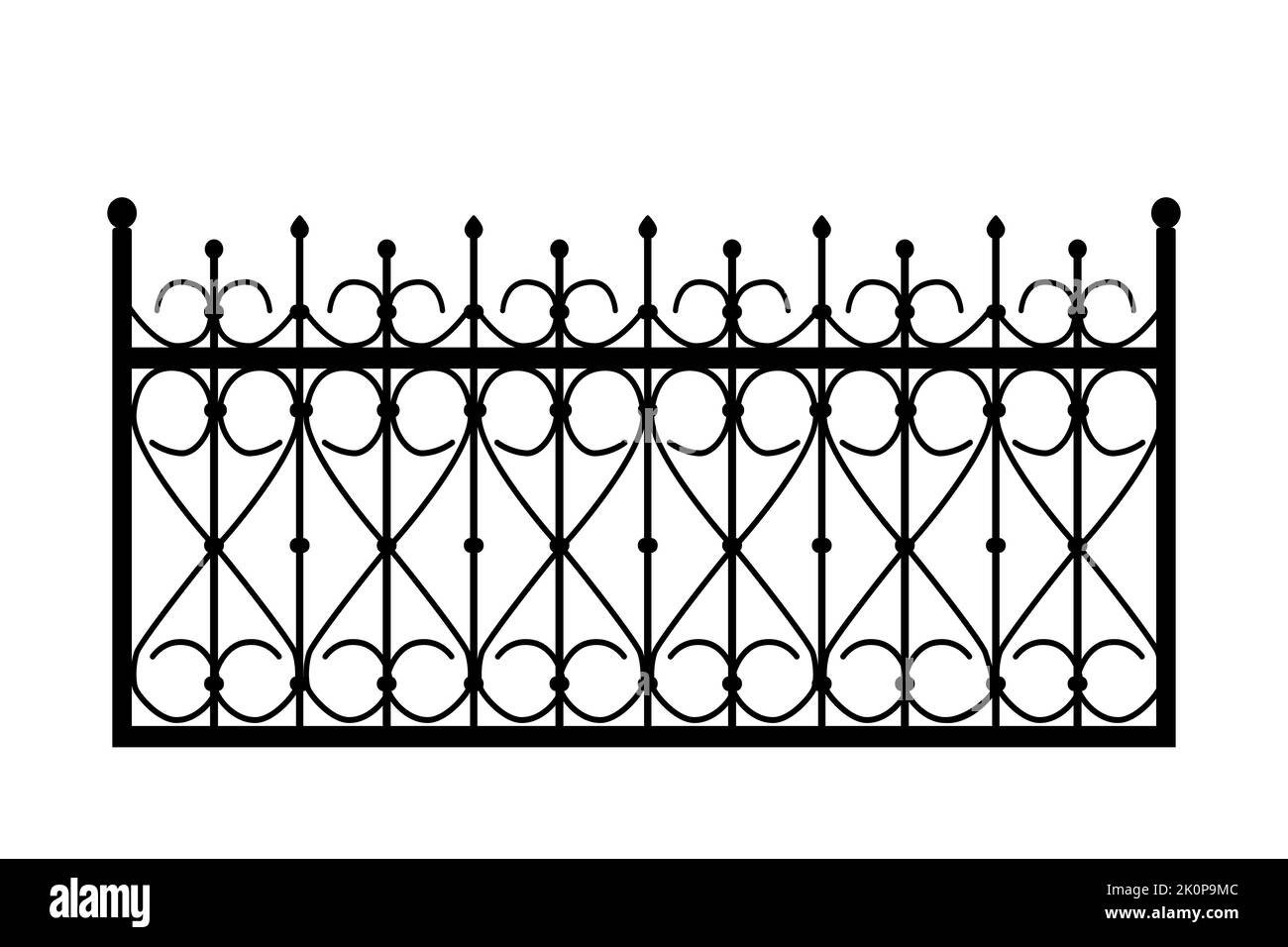 Silhouette de clôture en fonte brute décorative avec forgeage artistique.rambarde en métal.Rail modulaire en acier.porte avec tourbillettes.clôture en treillis forgé.Vector Illustration de Vecteur