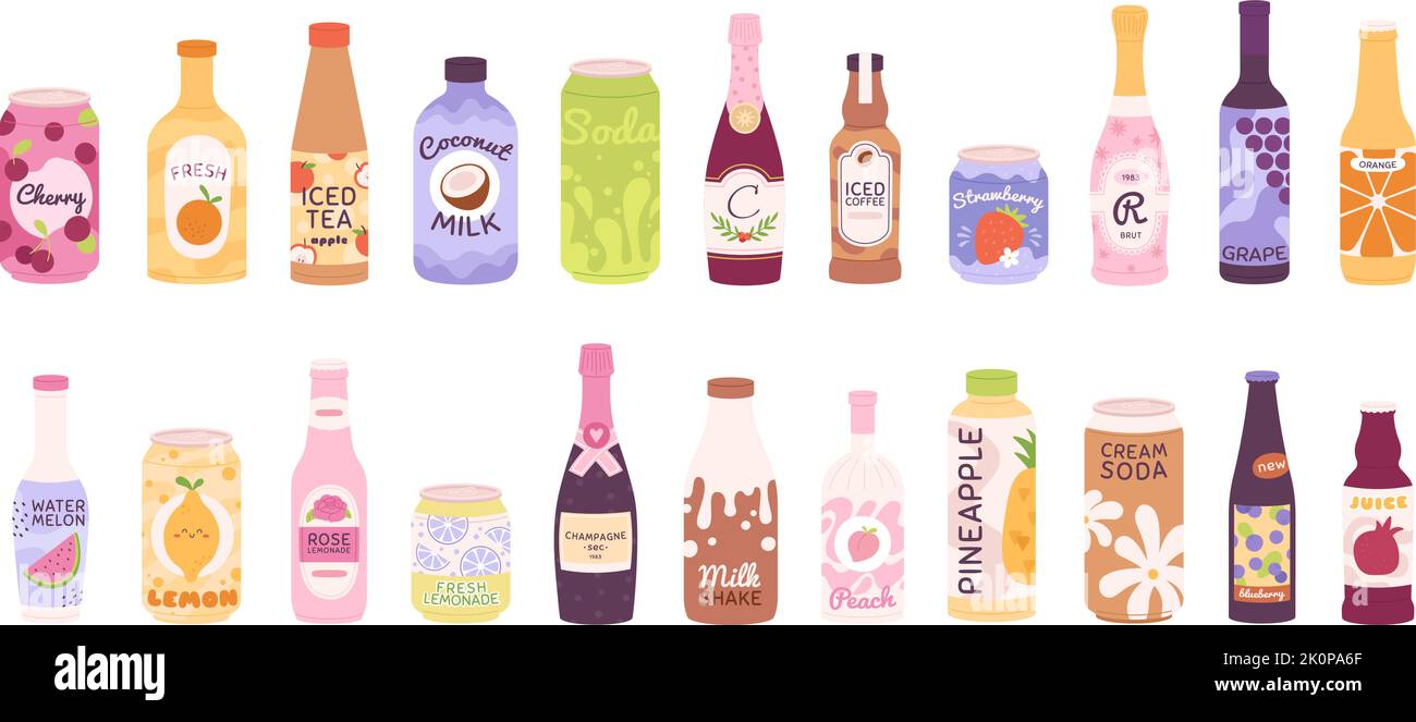 Ensemble de bouteilles de boisson. Limonade gazéifiée, bière, sodas en bouteille et boîte en aluminium. Rafraîchissement au champagne étincelant, collection de jus de fruit racé Illustration de Vecteur