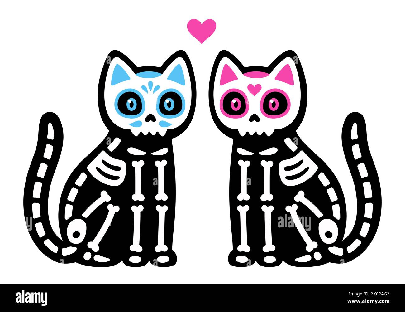 Deux jolis chats noirs avec des crânes peints au Mexique. Couple squelette mâle et femelle. Dia de los Muertos (jour des morts) dessin, illustration vectorielle Illustration de Vecteur