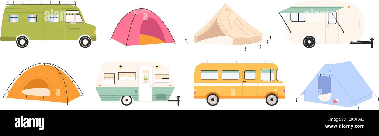 Camping isolé transport de voyage, maison de tourisme sur roues. Tente moderne campeur et remorque, véhicule de dessin animé de camp pour les loisirs sur la nature racy vector Illustration de Vecteur