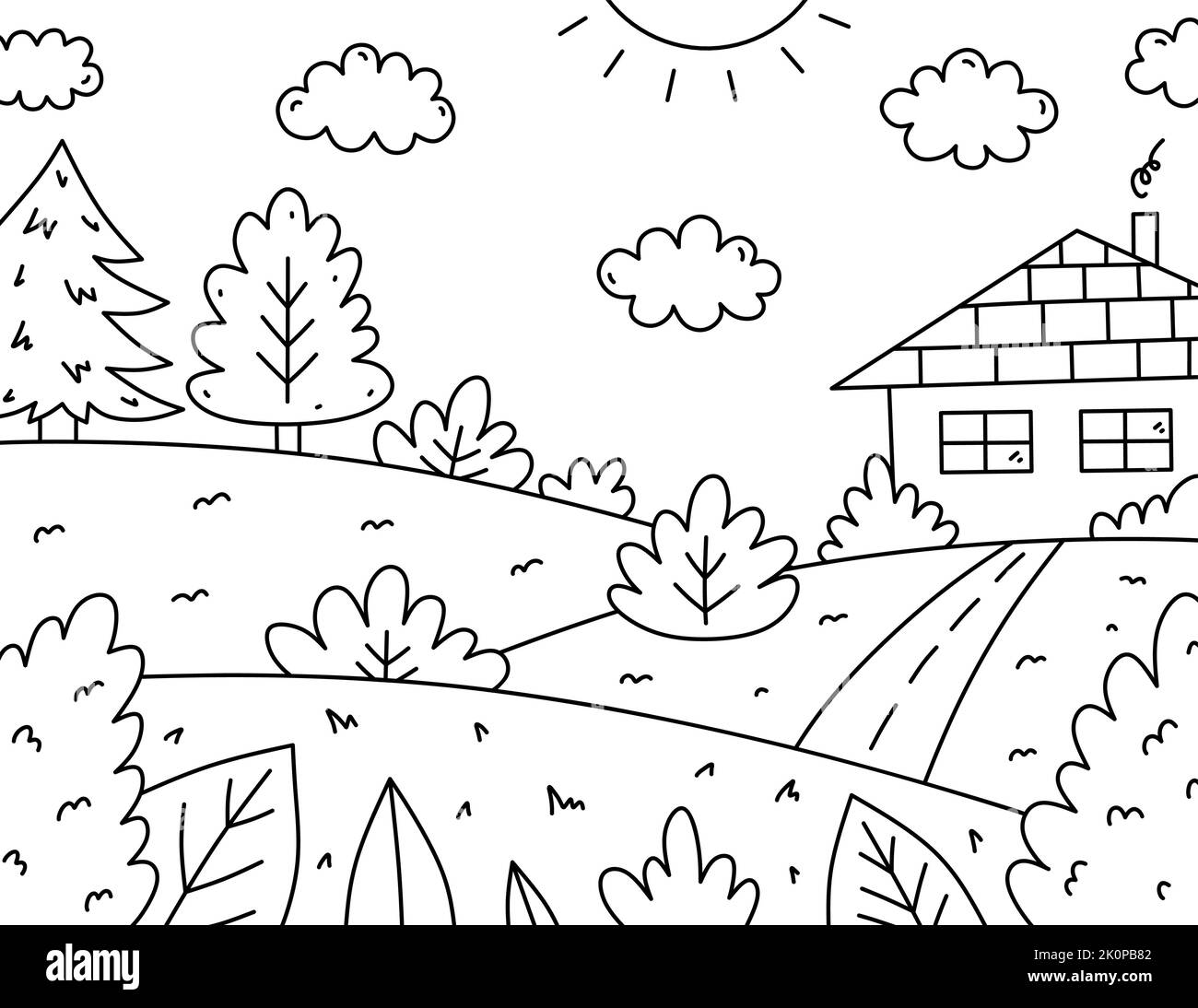 Page de coloriage pour enfants. Paysage avec maison, arbres, buissons, champ et route. Illustration vectorielle dessinée à la main, style doodle. Livre de coloriage de dessins animés pour les enfants. Illustration de Vecteur