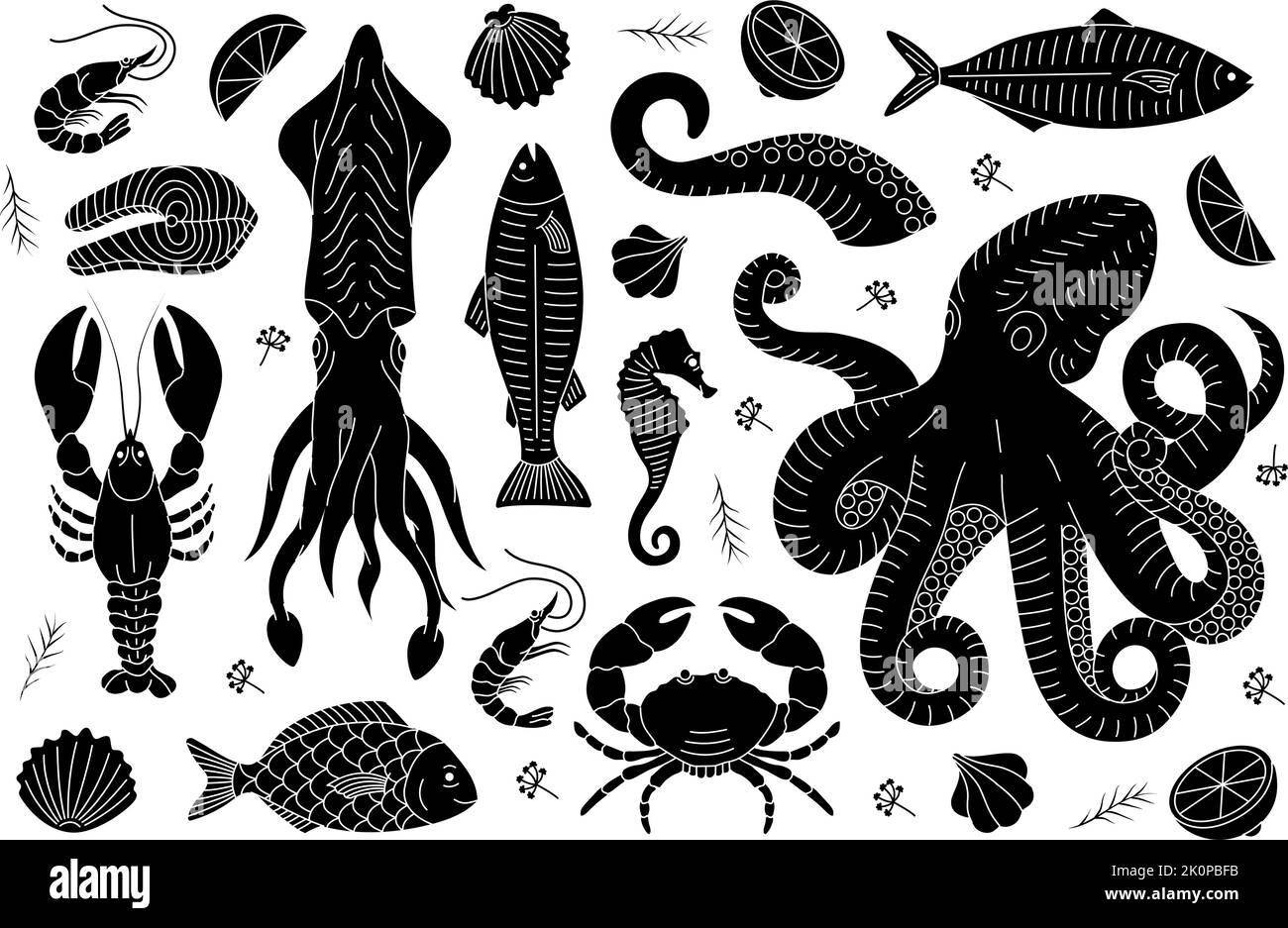 Ensemble de croquis de fruits de mer. Bannière animaux sous-marins. Illustration du menu repas de spécialité marine. Poissons, homard, calmar, pieuvre, crabe, filet de poisson. Illustration de Vecteur
